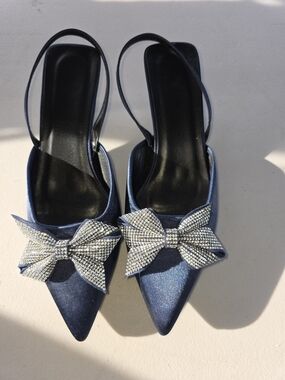Blue Satin Pointed Slingback Heels with Crystal Bow